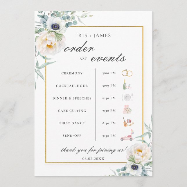 Chic Ivory Floral Wedding Order of Event Timeline Programm (Vorderseite)