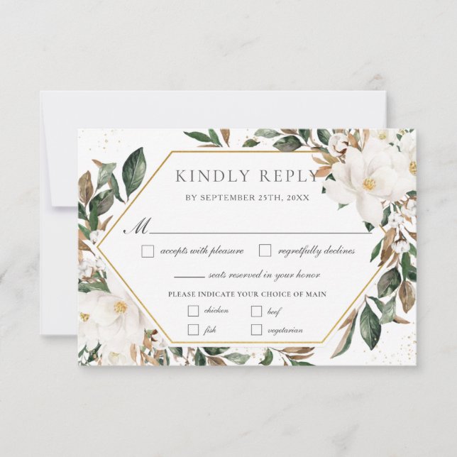 Chic Ivory Magnolia Blumengrün Hochzeitsessen RSVP Karte (Vorderseite)