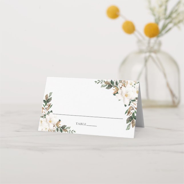 Chic Ivory Magnolia Greenerity Wedding Guest Name Platzkarte (Vorderseite)