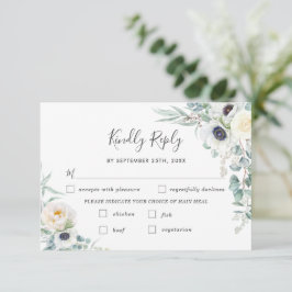 Chic Ivory Peony White Floral Wedding Meal Choice RSVP Karte