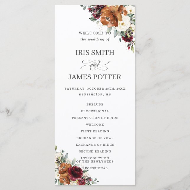 Chic Ivory Rust Burgundy Floral Wedding Program Programm (Vorderseite)