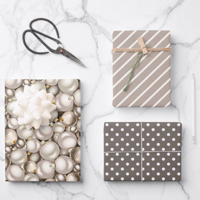 Chic Ivory Silver Gold Baubles Ziermuster Geschenkpapier Set (Vorderseite)