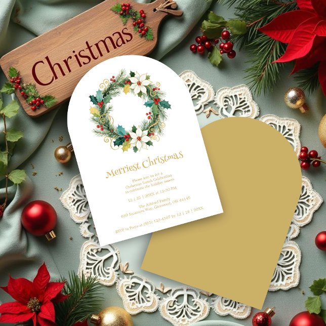 Chic Joyful Winter Christmas Wreath Holiday Party  Einladung (Chic Joyful Winter Christmas Wreath Holiday Party Invitations Cards in Digital Watercolor Style.)