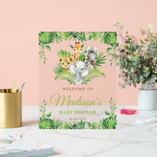 Chic Jungle Animals Greenerity Baby Dusche Willkom Acrylschild (Hochzeit)