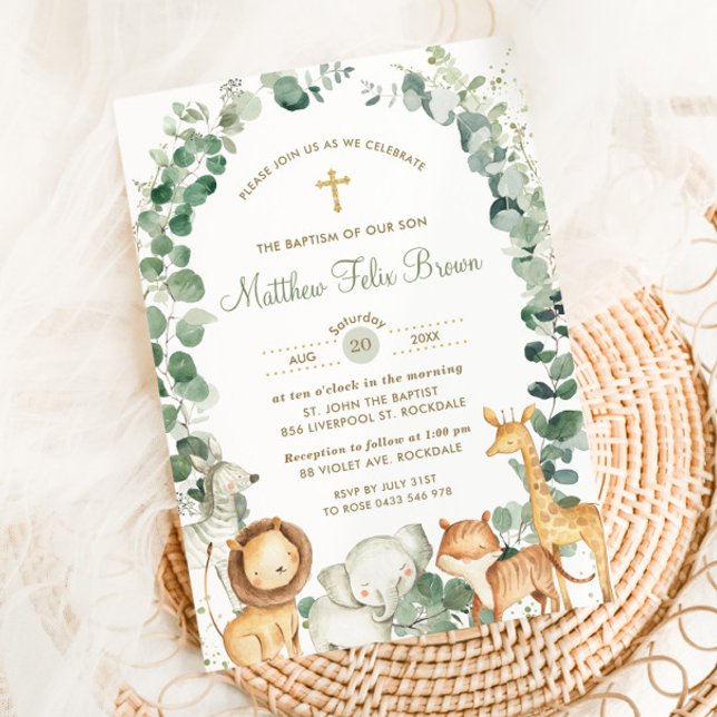 Chic Jungle Animals Grüne Taufe Christening Einladung (Von Creator hochgeladen)