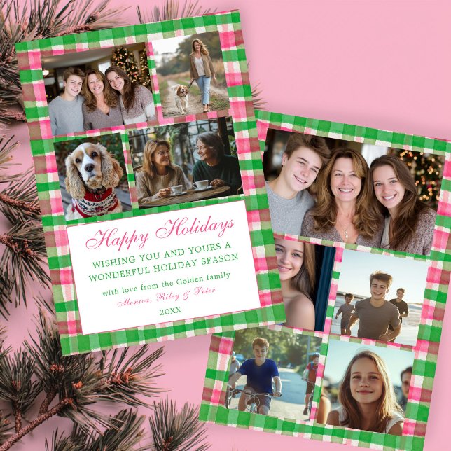 Chic Karierte Weihnachten Custom 9 Foto Collage Pi (Chic Watercolor Plaid Christmas Custom 9 Photo Collage Pink Green Personalized Family Holiday Card
)
