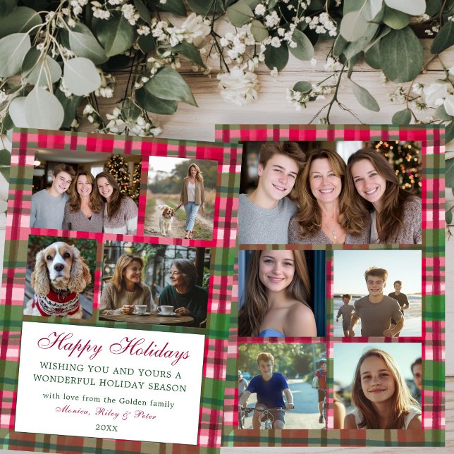 Chic Karierte Weihnachten Custom 9 Foto Collage Pr (Chic Handmade Watercolor Plaid Pattern Christmas Custom 9 Photo Collage Preppy Holiday Card
)