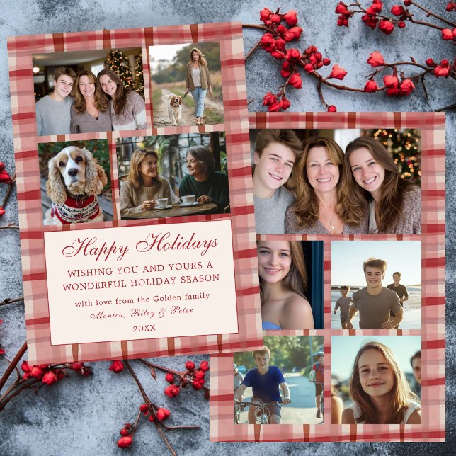 Chic Karierte Weihnachten Custom 9 Foto Collage Ro (Chic Preppy Watercolor Red Plaid Christmas Custom 9 Family Photo Collage Holiday Card
)