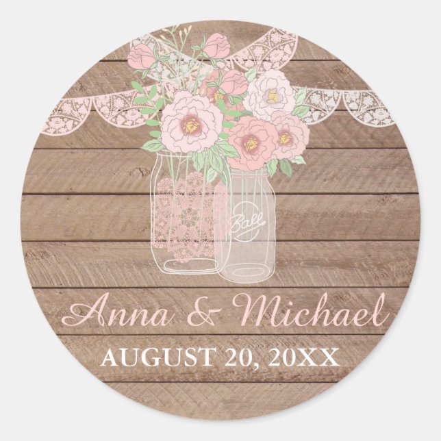 Chic Lace Mason Jar & Wood Wedding Sticker (Vorderseite)