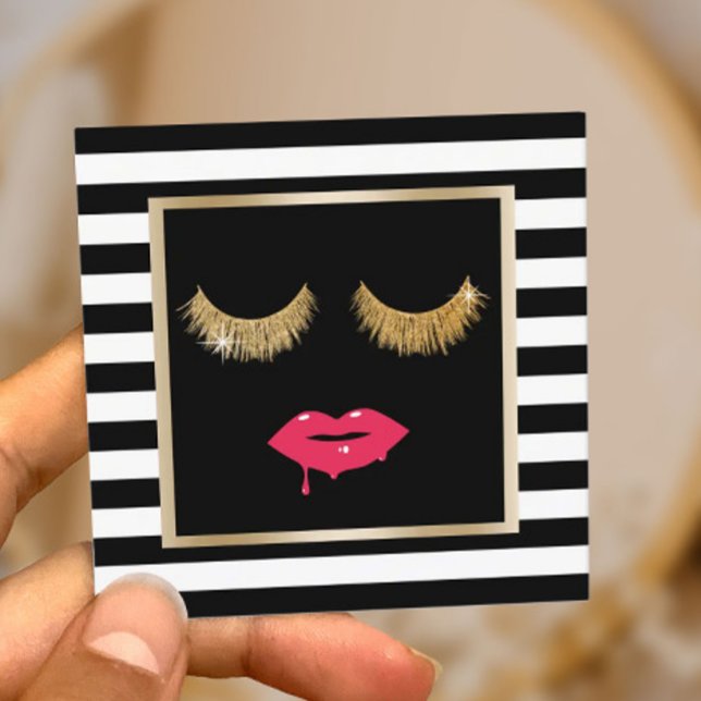 Chic Lashes und on Lips Modern Black Streifen Salo Quadratische Visitenkarte (Von Creator hochgeladen)