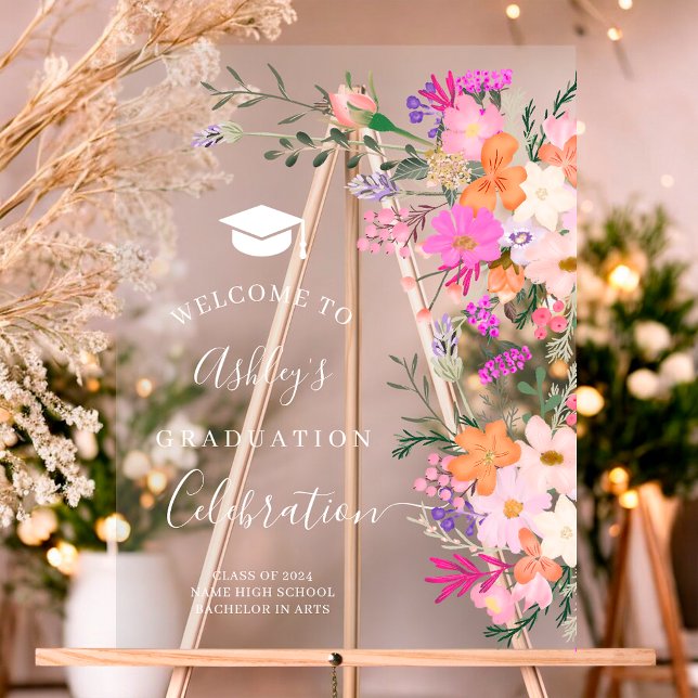Chic Lavendel florale Aquarell Abschluss willkomme Acrylschild (Chic lavender floral watercolor graduation welcome acrylic sign)