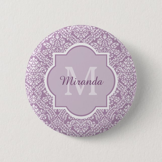 Chic-Lavendel-lila Damast-Monogramm mit Namen Button (Vorderseite)