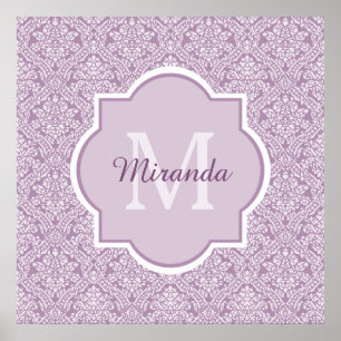 Chic-Lavendel-lila Damast-Monogramm mit Namen Poster