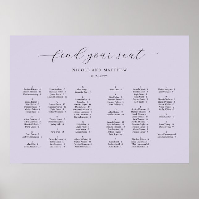 Chic Lavender Alphabetische Hochzeitskarte Poster (Vorne)