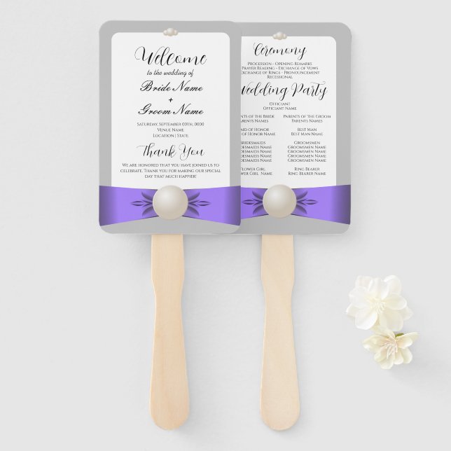 Chic Lavender & Gray Pearl Ribbon Wedding Programm Fächer (Vorne und Hinten)