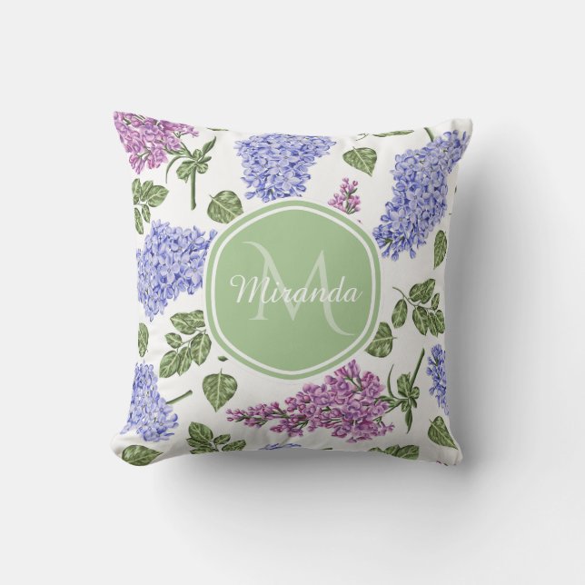 Chic Lavender Lilac Floral Pastell Green Monogram Kissen (Vorderseite)