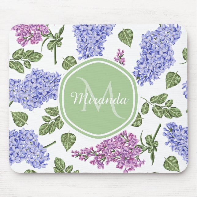 Chic Lavender Lilac Floral Pastell Green Monogram Mousepad (Vorne)