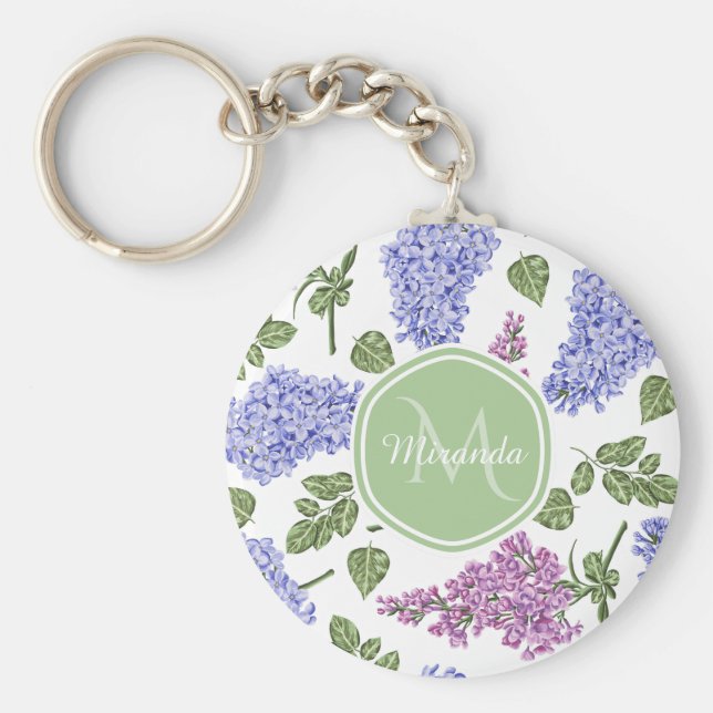 Chic Lavender Lilac Floral Pastell Green Monogram Schlüsselanhänger (Vorne)