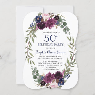 Chic Lavender Navy Blue Floral Bloom 50th Birthday Einladung