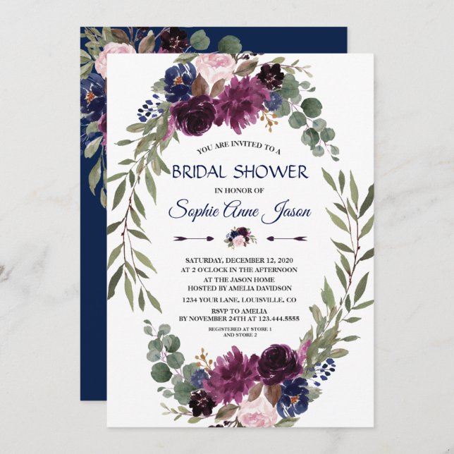 Chic Lavender Navy Blue Floral Bloom Brautparty Einladung (Vorne/Hinten)