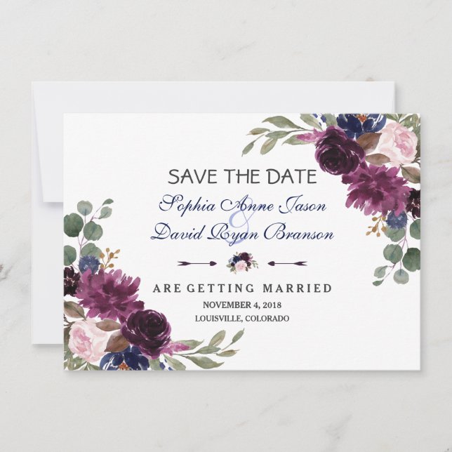 Chic Lavender Navy Blue Floral Bloom Save the Date (Vorderseite)