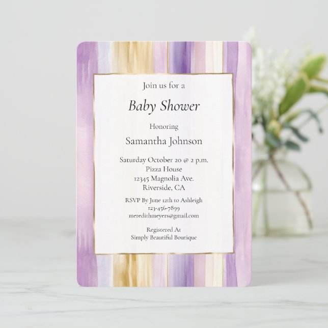 Chic Lavender Purple Gold Stripes Baby Shower Einladung (Stehend Vorderseite)
