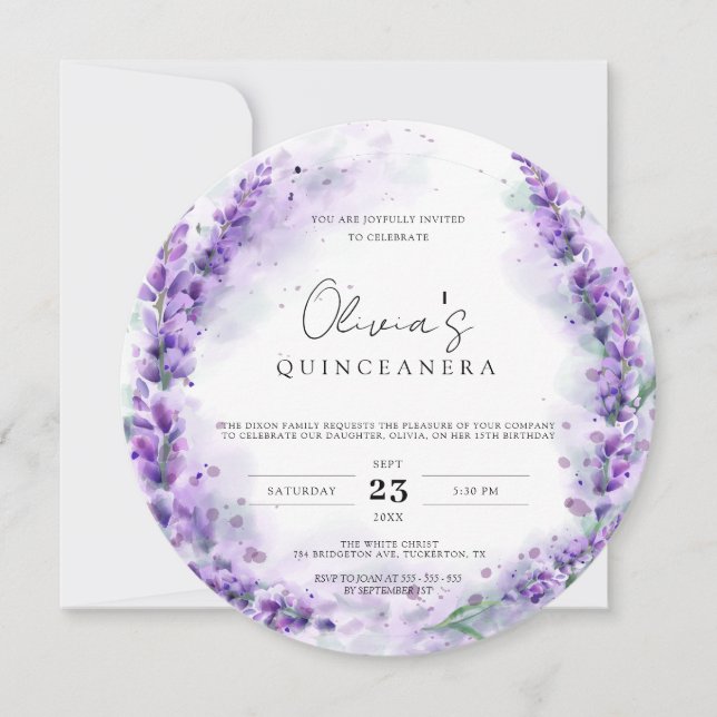 Chic Lavender Watercolor Modernes Foto Quinceanera Einladung (Vorderseite)
