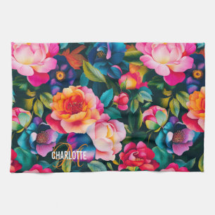 Chic lebendiges Rosenmuster Monogramm Name Geschirrtuch
