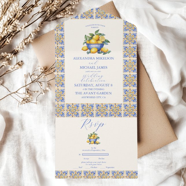 Chic Lemon Blumengrün mediterrane Hochzeit All In One Einladung (Von Creator hochgeladen)