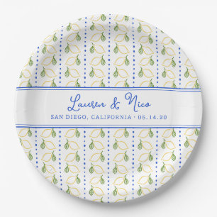 Chic Lemon Citrus Blau und Gelb Sommer Hochzeit Pappteller