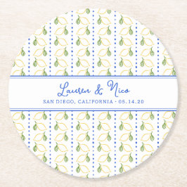 Chic Lemon Citrus Blue & Yellow Summer Wedding Runder Pappuntersetzer