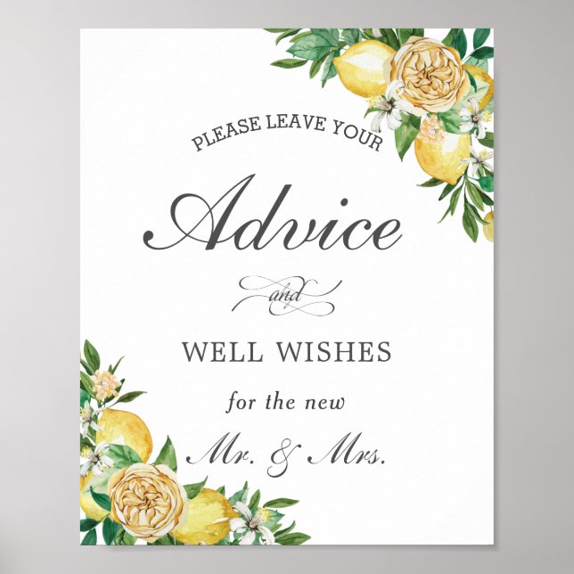 Chic Lemon Floral Advice und Wünsche Hochzeitszeic Poster (Vorne)