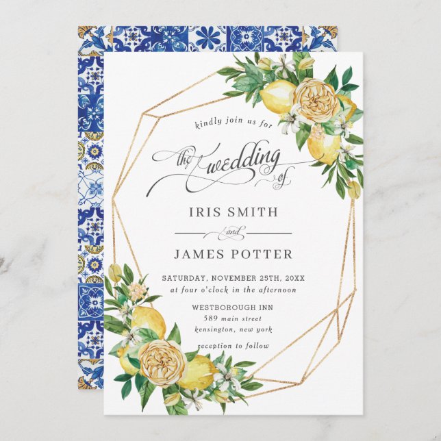 Chic Lemon Floral Greenery Geometric Wedding Einladung (Vorne/Hinten)