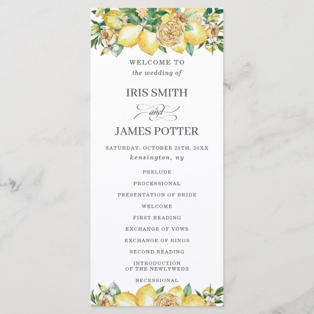 Chic Lemon Floral Mediterranean Wedding Program Programm (Vorderseite)