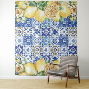 Chic Lemon Floral Meditteranean Mosaik Tiles Wandteppich