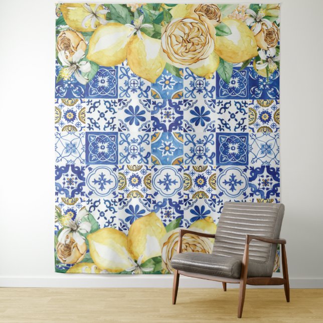 Chic Lemon Floral Meditteranean Mosaik Tiles Wandteppich (Beispiel)