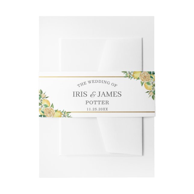 Chic Lemon Greenery Floral Gold Wedding Einladungsbanderole (Vorderseite Beispiel)
