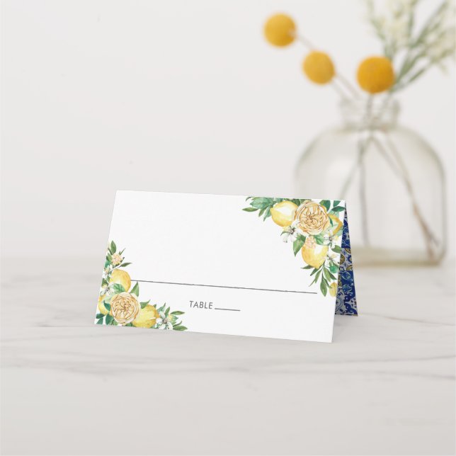 Chic Lemon Greenery Floral Mediterrane Hochzeit Platzkarte (Vorderseite)