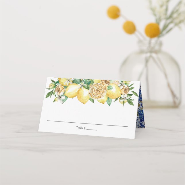 Chic Lemon Greenery Floral Mediterrane Hochzeit Platzkarte (Vorderseite)
