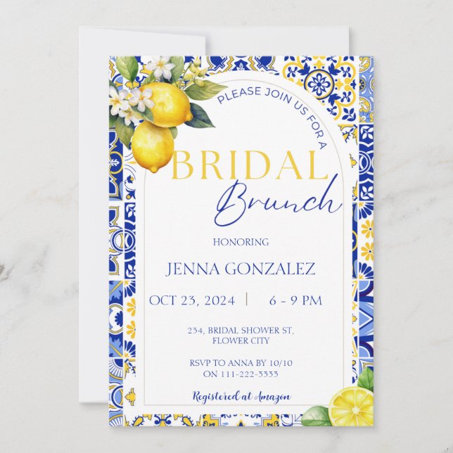 Chic Lemon Mediterranean Blue Tiles Bridal Brunch Einladung (Vorderseite)