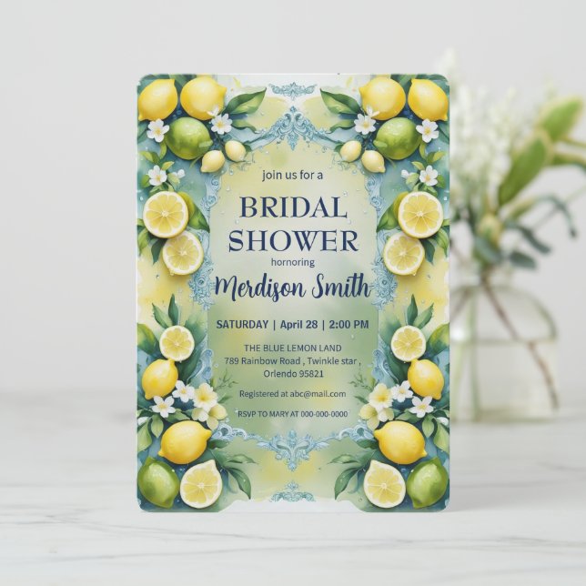 Chic Lemon Mediterranean Summer Brautparty Einladung (Stehend Vorderseite)