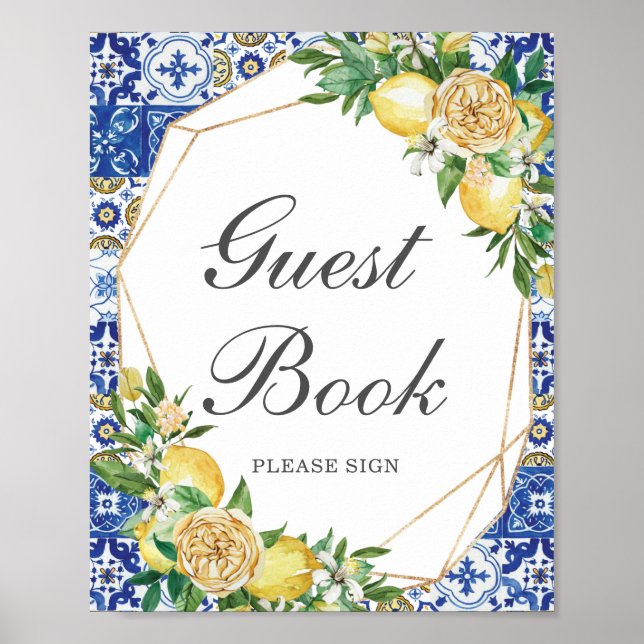 Chic Lemon Yellow Floral Guest Book Bitte untersch Poster (Vorne)