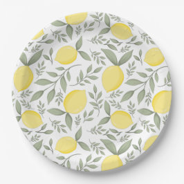 Chic Lemons und Blätter Muster Monogramm Pappteller