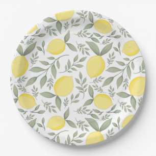 Chic Lemons und Blätter Muster Monogramm Pappteller