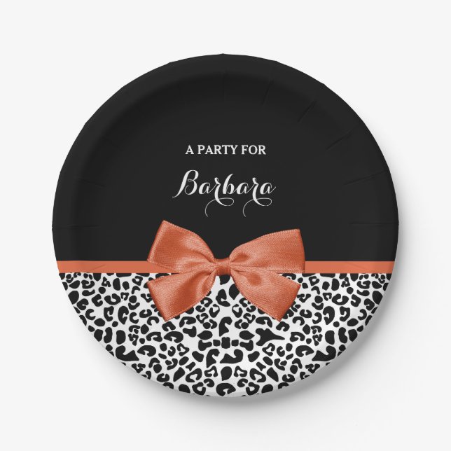 Chic Leopard Print Burnt Orange Bogen mit Namen Pappteller (Vorderseite)