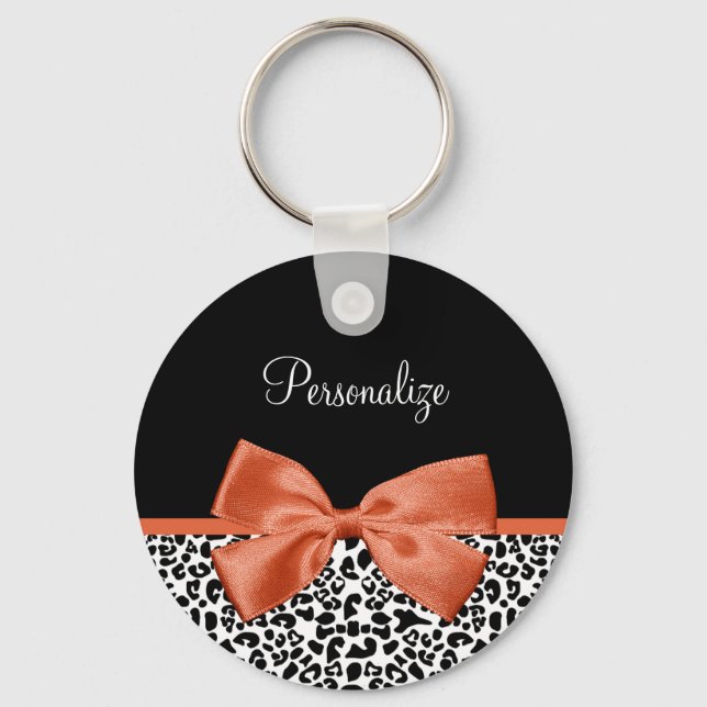 Chic Leopard Print Burnt Orange Bogen mit Namen Schlüsselanhänger (Vorderseite)