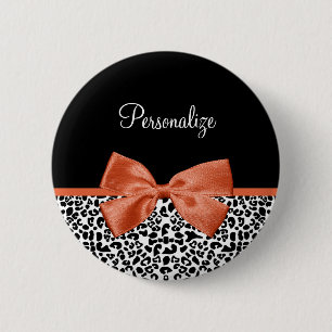 Chic Leopard Print Burnt Orange Bow und Name Button