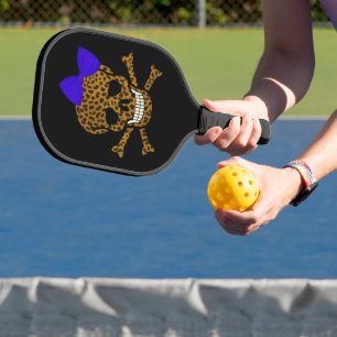 Chic Leopard Print Pirate Skull Blue Bow Pickleball Schläger