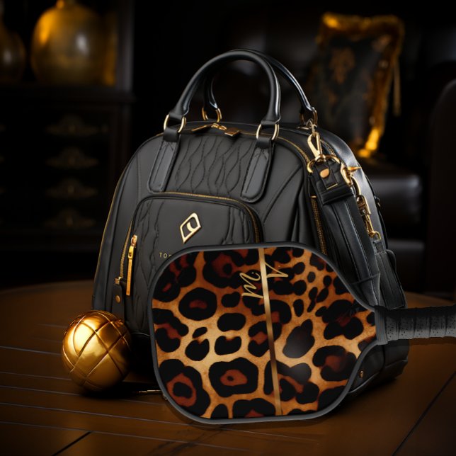 Chic Leopard Print und Gold Mit Monogramm Pickleball Schläger (Stylish Monogrammed Luxe-Brand Pickleball Paddle)