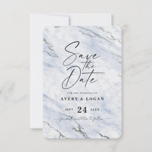 Chic Light Blue Marmor mit Silver Glitzer Save The Date (Vorderseite)